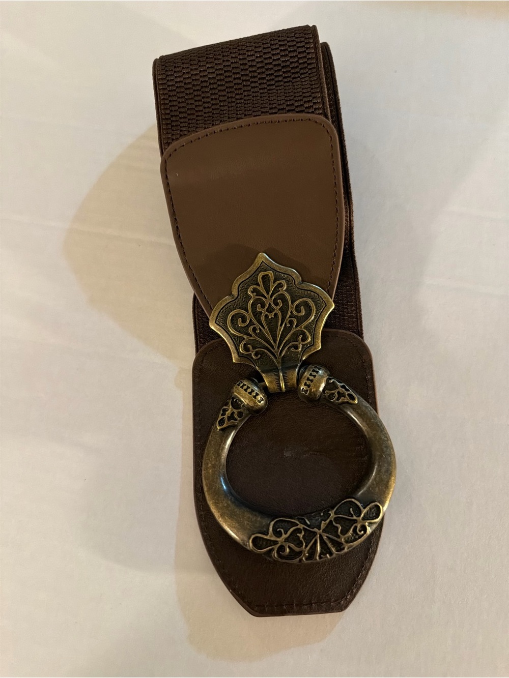 Brown Women's Elastic Belt with Ornate Metal Ring